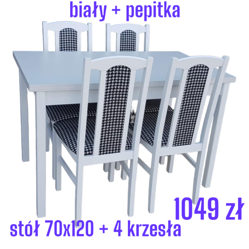 STÓŁ MAX 3 + 4 KRZESŁA BOSS , biały + pepitka (OD RĘKI ) 